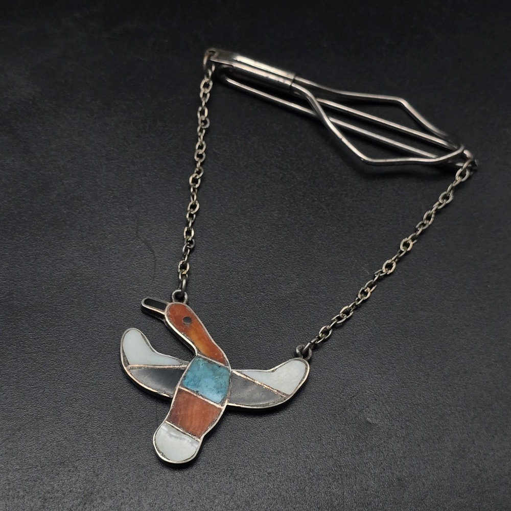 Sterling Silver Inlay Duck Tie Tack Clip Bar Vintage Mens Jewelry